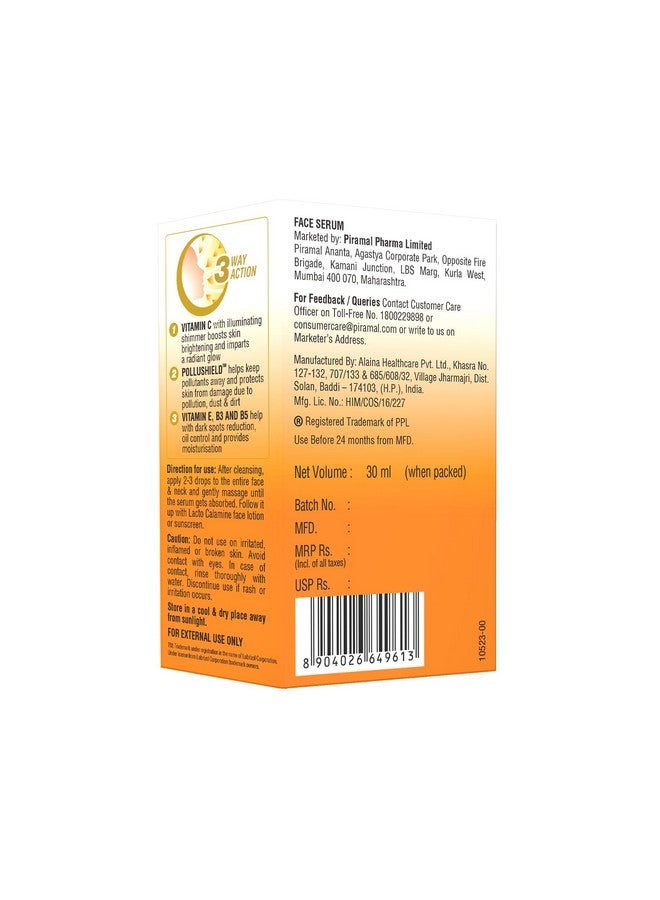 Lacto Calamine Vitamin C Face Serum With 98% Pure Vitamin C Complex 30Ml Glowing Skin With Niacinamide Vitamin C Serum For Dark Spots Reduction & Moisturization Pollushield Vitamin E B3 & B5 - Image 2