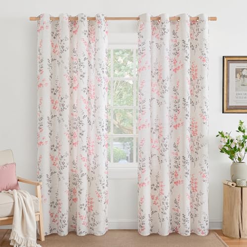 BGment Pink Floral Curtains for Girls Room 2 Panels, Linen Curtains 84 Inch Length with Leaf Pattern Light Filtering Window Privacy Curtains for Living Room Boho Farmhouse Vintage, Each 52 Inch Wide - Image 1