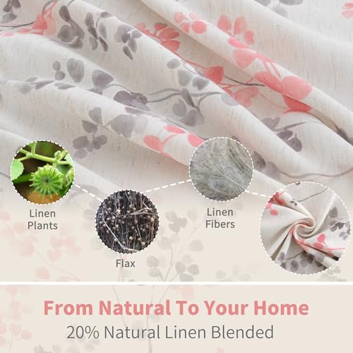 BGment Pink Floral Curtains for Girls Room 2 Panels, Linen Curtains 84 Inch Length with Leaf Pattern Light Filtering Window Privacy Curtains for Living Room Boho Farmhouse Vintage, Each 52 Inch Wide - Image 3