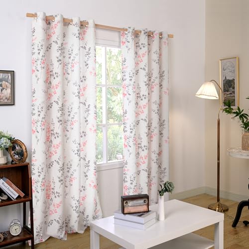 BGment Pink Floral Curtains for Girls Room 2 Panels, Linen Curtains 84 Inch Length with Leaf Pattern Light Filtering Window Privacy Curtains for Living Room Boho Farmhouse Vintage, Each 52 Inch Wide - Image 2