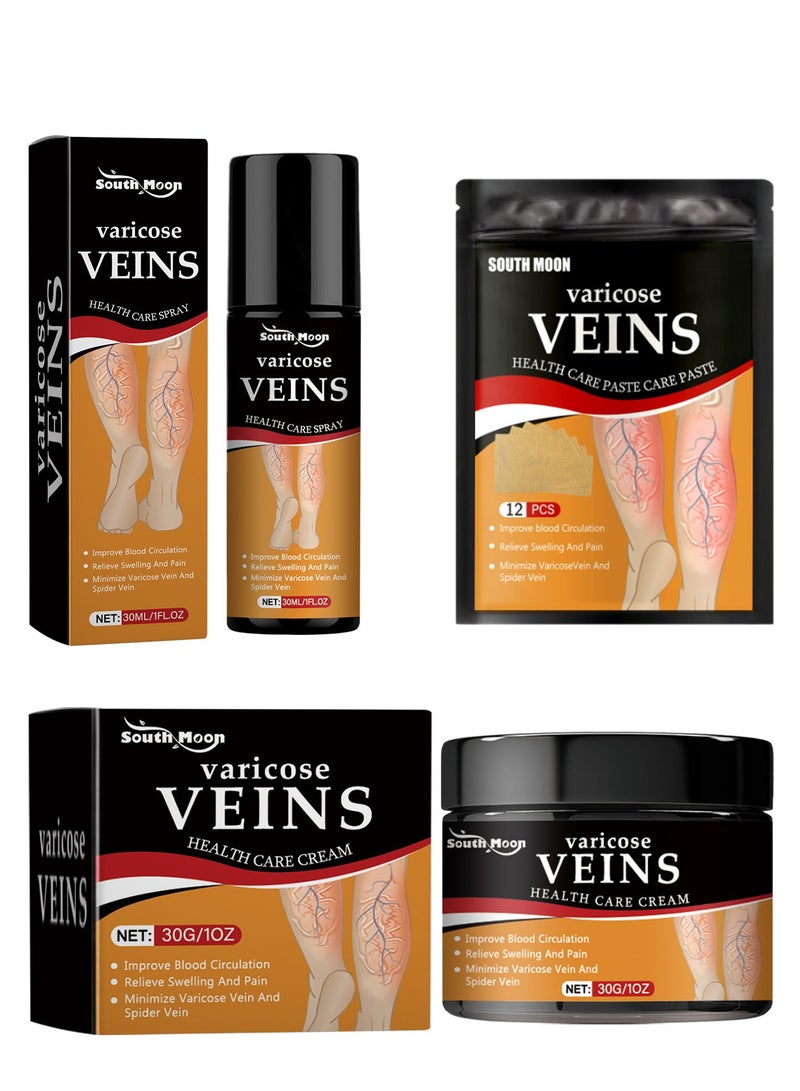 ساوث مون مجموعة علاج دوالي الساقين: رذاذ لتحسين الدورة الدموية بسعة 30 مل، 12 قطعة من معجون تخفيف دوالي العروق، وكريم للساقين بوزن 30 غ لتقليل التورم والألم. - Image 1