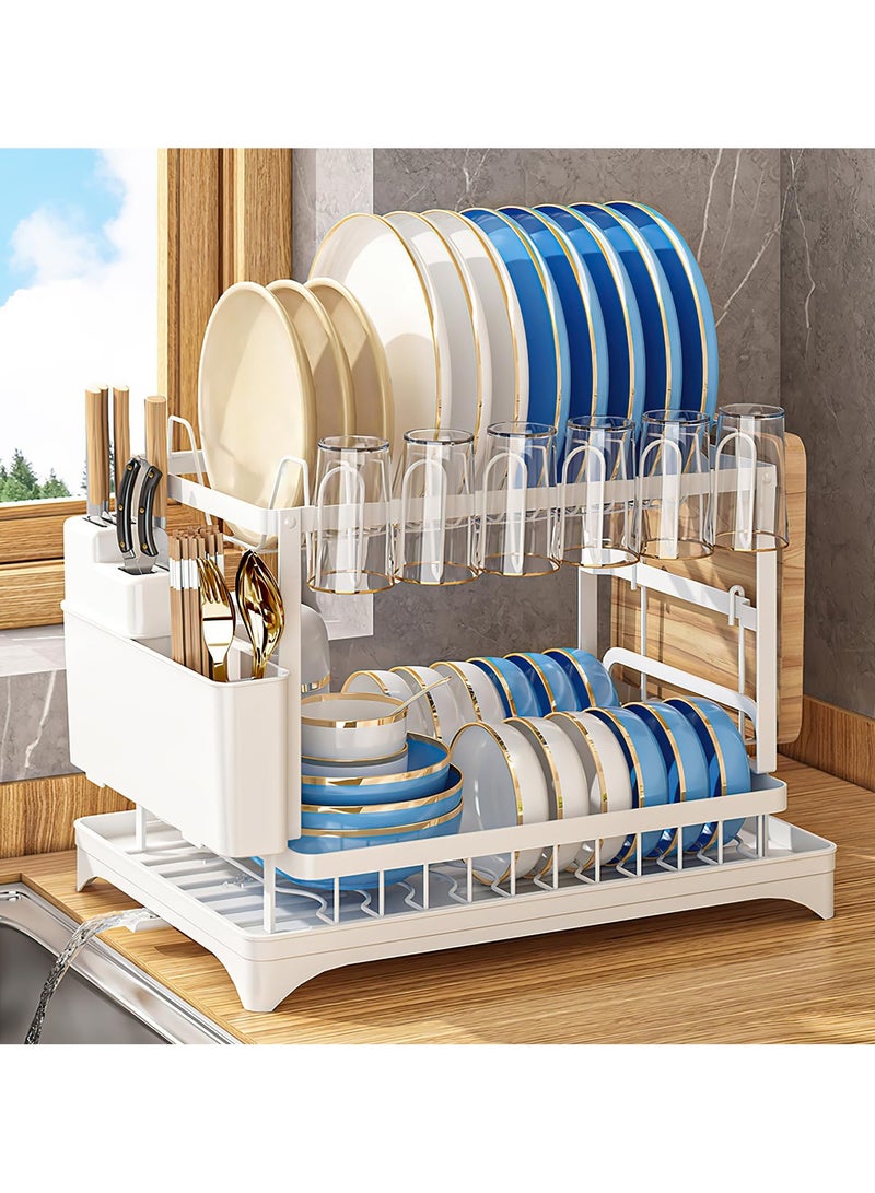 INFOSUN Dish Drying Rack, 2 Tier Dish Rack, Dish Strainers for Kitchen Counter, Dish Drainer, Dish Rack with Drainboard, Large Dish Drying Rack, Collapsible Dish Rack and Drainboard Set (B, White) - Image 1