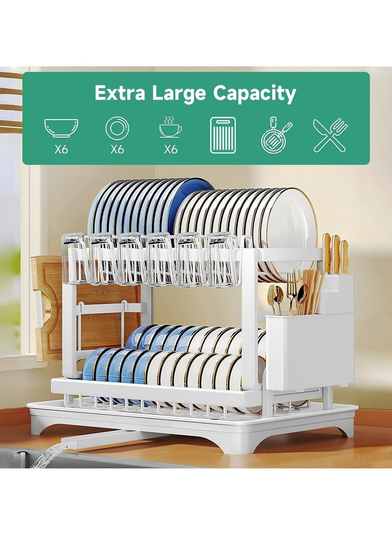 INFOSUN Dish Drying Rack, 2 Tier Dish Rack, Dish Strainers for Kitchen Counter, Dish Drainer, Dish Rack with Drainboard, Large Dish Drying Rack, Collapsible Dish Rack and Drainboard Set (B, White) - Image 2