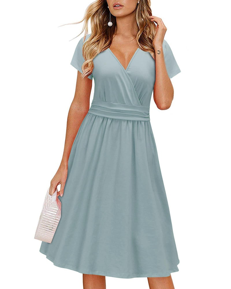 OUGES Women's 2025 Summer Short Sleeve V-Neck Wrap Casual Party Dress with Pockets(Blue,XL) - Image 1