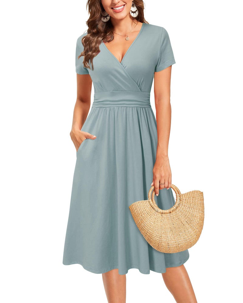 OUGES Women's 2025 Summer Short Sleeve V-Neck Wrap Casual Party Dress with Pockets(Blue,XL) - Image 2