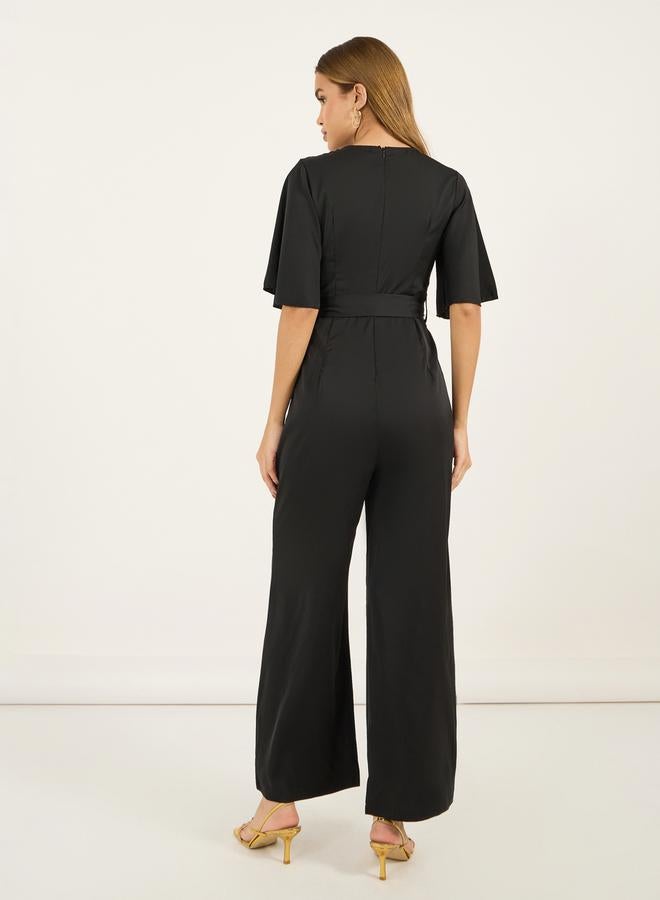 Styli Embroidered Panel Wide Leg Jumpsuit with Tie Belt  - Image 4