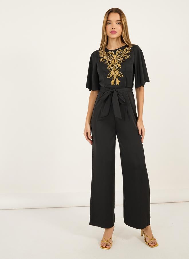 Styli Embroidered Panel Wide Leg Jumpsuit with Tie Belt  - Image 1