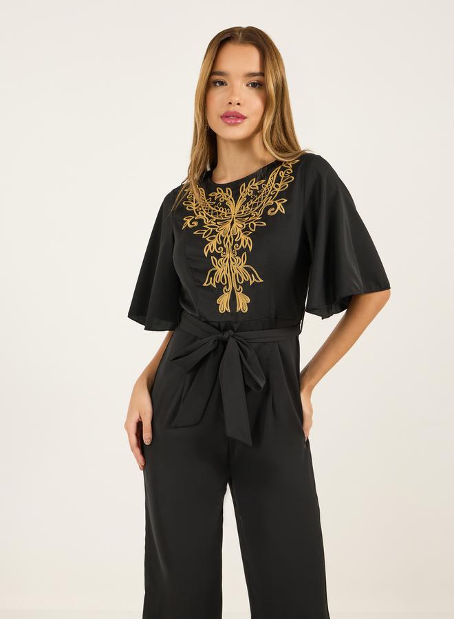 Styli Embroidered Panel Wide Leg Jumpsuit with Tie Belt  - Image 2