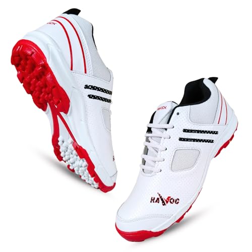 Prokick Havoc Cricket Shoes for Men and Women|Lightweight & Durable Cricket Shoes|PVC Studs Spikes Sports Shoe for Unisex|Synthetic Leather Upper Sports Shoes|EVA Sockliner, White/RED/Black-8 UK - Image 1