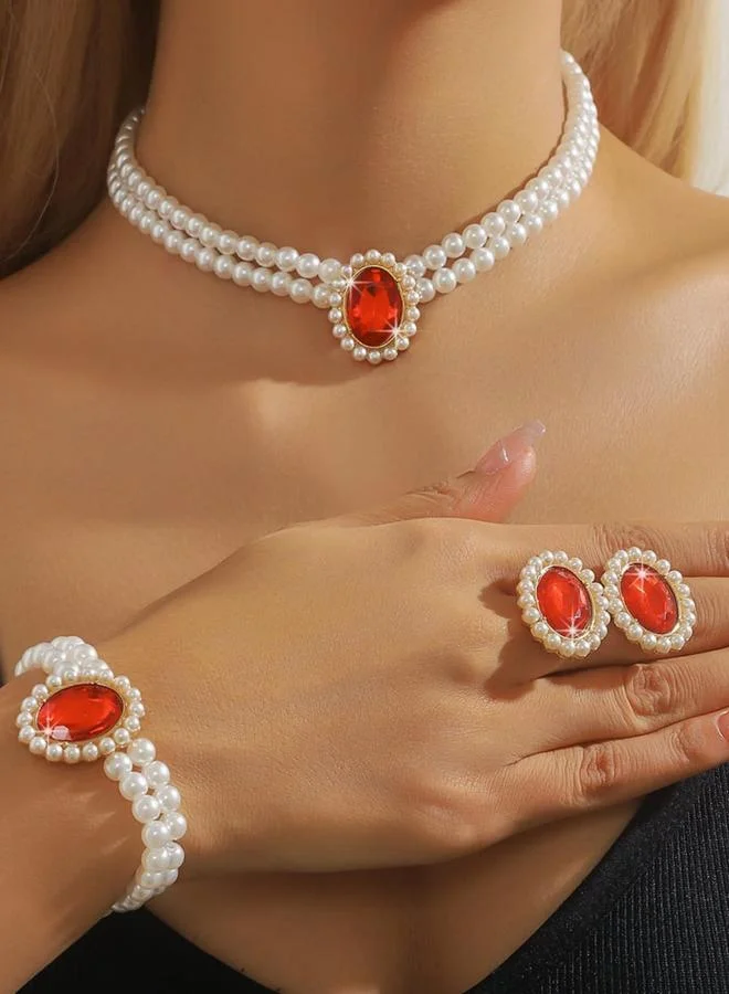 تايك تو طقم مجوهرات قلادة وسوار وأقراط طبقات مرصعة بأحجار الراين ولؤلؤ صناعي 3 قطع