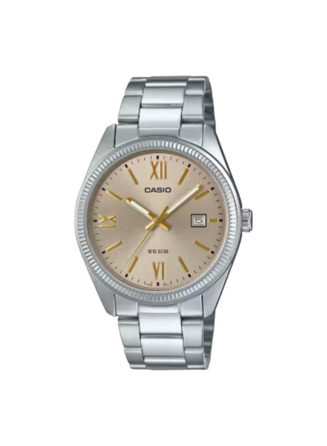 كاسيو ساعة كاسيو رجالية تناظرية كوارتز MTP-1302DD-9AVDF مينا ذهبي سوار من الفولاذ المقاوم للصدأ عرض التاريخ ساعة كلاسيكية رسمية