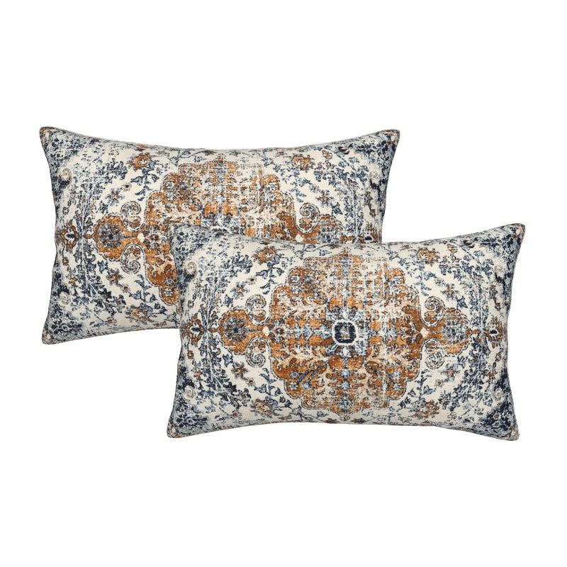AEIOAE Rust Blue Pillow Covers 12x20 Inch Set of 2Boho Throw Pillows CaseCarpet Pattern Ethnic Design Outdoor Decorative Square Linen Farmhouse Decor Cushion Covers for Home Sofa Bed Couch