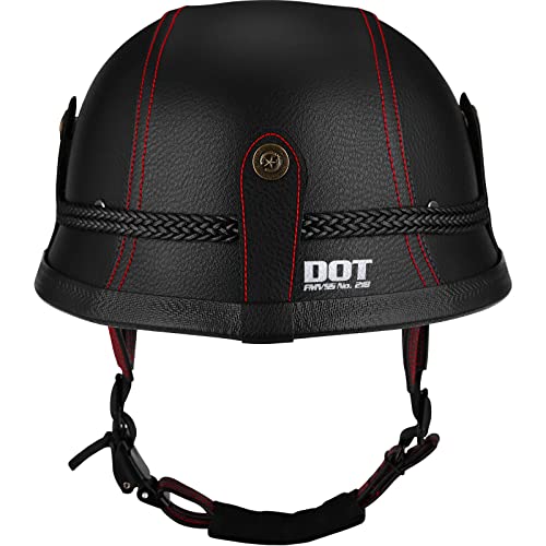 Yesmotor Motorcycle Half Helmet Retro German Handmade Leather Half Face Quick Release Buckle & Goggles - DOT Approved (Black & Red Line, XL) - Image 3