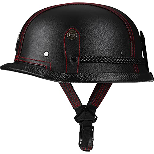 Yesmotor Motorcycle Half Helmet Retro German Handmade Leather Half Face Quick Release Buckle & Goggles - DOT Approved (Black & Red Line, XL) - Image 2
