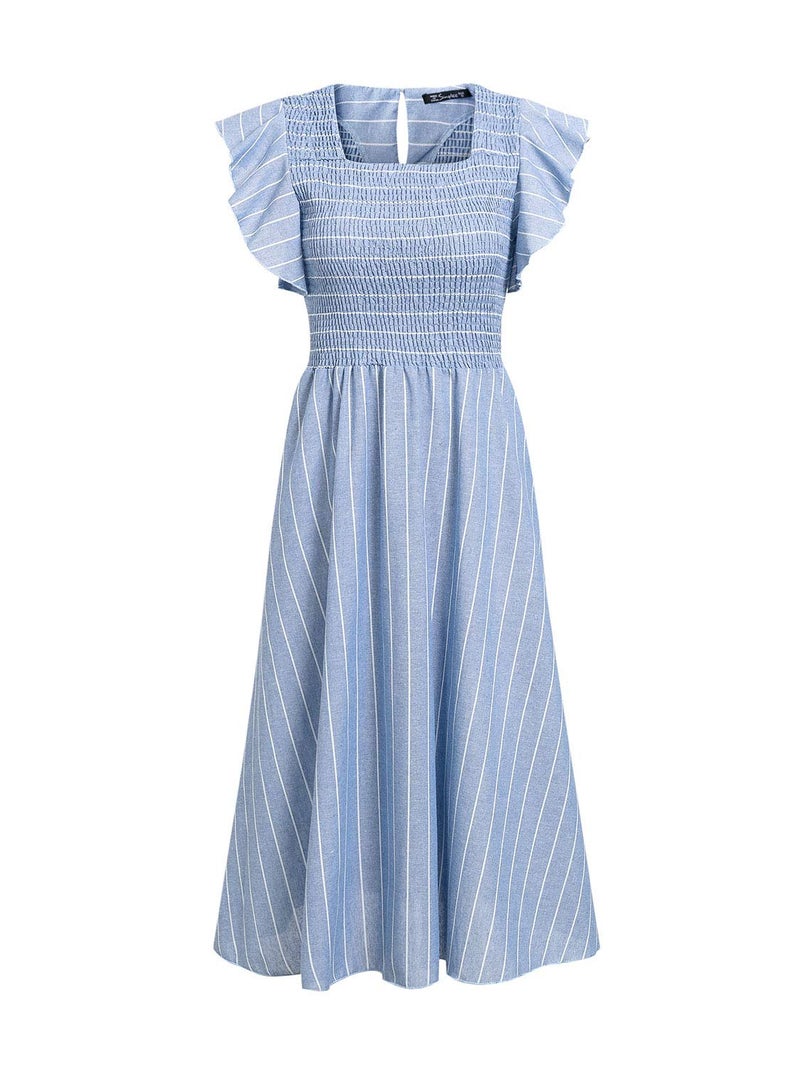 Miessial Womens Summer Dress 2025 Casual Short Sleeve Striped Linen Midi Dresses Boho Beach Wedding Guest Dress with Pockets Blue,XS - Image 5