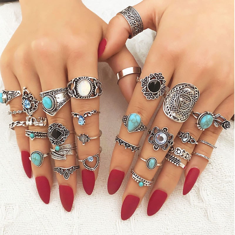 17IF 82 Pcs Vintage Silver Knuckle Rings Set for Women, Stackable Bohemian Aesthetic Finger Rings, turquoise stones Crystal Adjustable Stacking Midi Ring Pack - Image 5