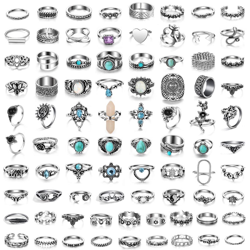 17IF 82 Pcs Vintage Silver Knuckle Rings Set for Women, Stackable Bohemian Aesthetic Finger Rings, turquoise stones Crystal Adjustable Stacking Midi Ring Pack - Image 1