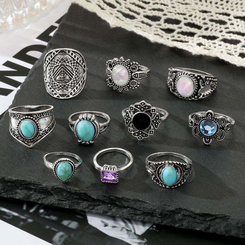17IF 82 Pcs Vintage Silver Knuckle Rings Set for Women, Stackable Bohemian Aesthetic Finger Rings, turquoise stones Crystal Adjustable Stacking Midi Ring Pack - Image 4
