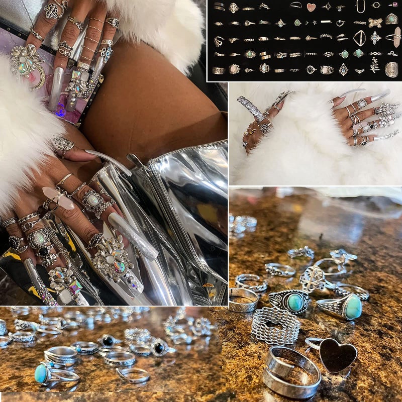 17IF 82 Pcs Vintage Silver Knuckle Rings Set for Women, Stackable Bohemian Aesthetic Finger Rings, turquoise stones Crystal Adjustable Stacking Midi Ring Pack - Image 2
