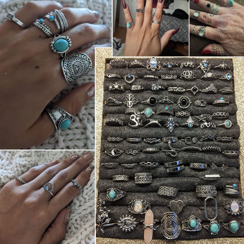 17IF 82 Pcs Vintage Silver Knuckle Rings Set for Women, Stackable Bohemian Aesthetic Finger Rings, turquoise stones Crystal Adjustable Stacking Midi Ring Pack - Image 3