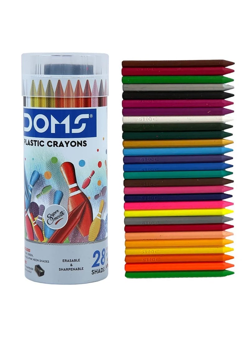 DOMS مجموعة أقلام تلوين بلاستيكية مكونة من 28 قطعة مع مبراة في علبة دائرية من الصفيح - Image 1