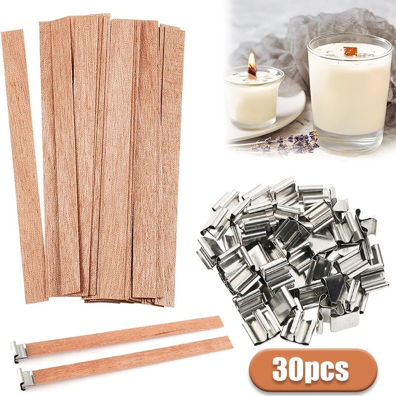 30 Noiseless Wooden Candle Wicks with Metal Base 49 to 150mm Long Lasting Burning Easy to Light Natural DIY Candle Making Supply - Image 2