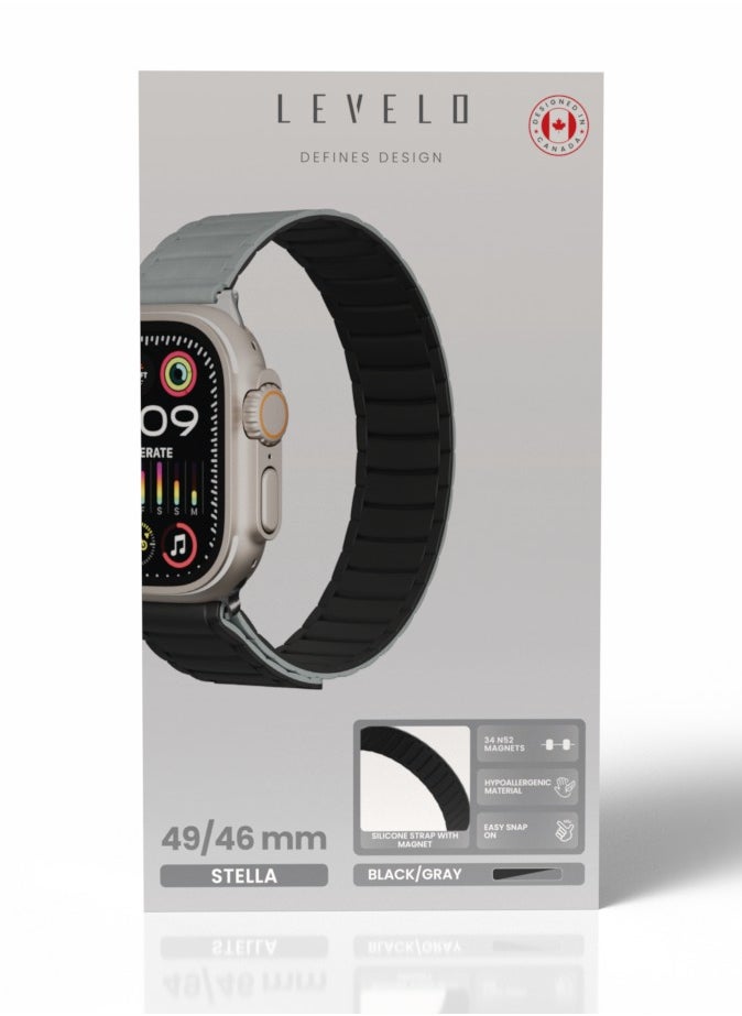 LEVELO - Stella Milanese Silicone Apple Watch 49/46mm Strap with Hypoallergenic Material / Dual-Color Wearable / Smooth Silicone Feeling / Sweat & Water Resistant / 24/7 Wearability / 34 N52 Magnets / Easy Snap On - Black/Grey - Image 1