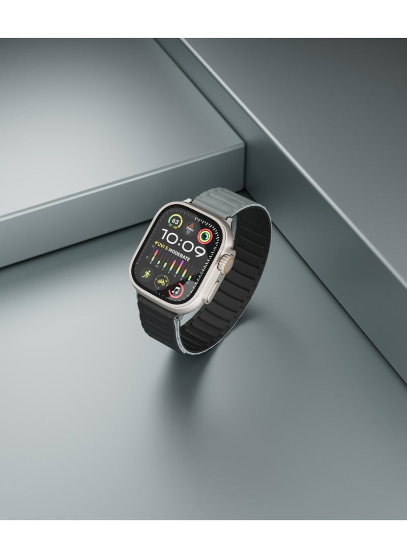 LEVELO - Stella Milanese Silicone Apple Watch 49/46mm Strap with Hypoallergenic Material / Dual-Color Wearable / Smooth Silicone Feeling / Sweat & Water Resistant / 24/7 Wearability / 34 N52 Magnets / Easy Snap On - Black/Grey - Image 1