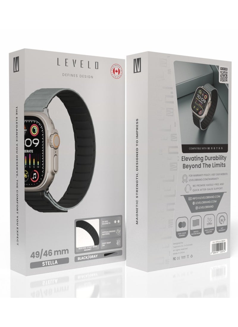 LEVELO - Stella Milanese Silicone Apple Watch 49/46mm Strap with Hypoallergenic Material / Dual-Color Wearable / Smooth Silicone Feeling / Sweat & Water Resistant / 24/7 Wearability / 34 N52 Magnets / Easy Snap On - Black/Grey - Image 1