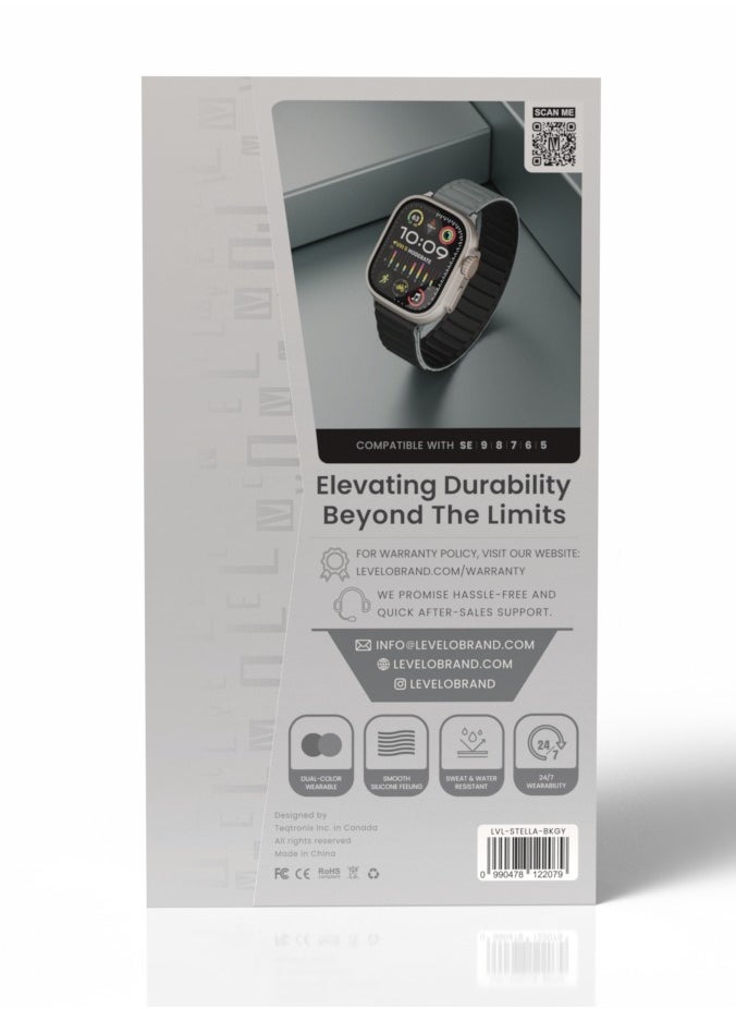 LEVELO - Stella Milanese Silicone Apple Watch 49/46mm Strap with Hypoallergenic Material / Dual-Color Wearable / Smooth Silicone Feeling / Sweat & Water Resistant / 24/7 Wearability / 34 N52 Magnets / Easy Snap On - Black/Grey - Image 1