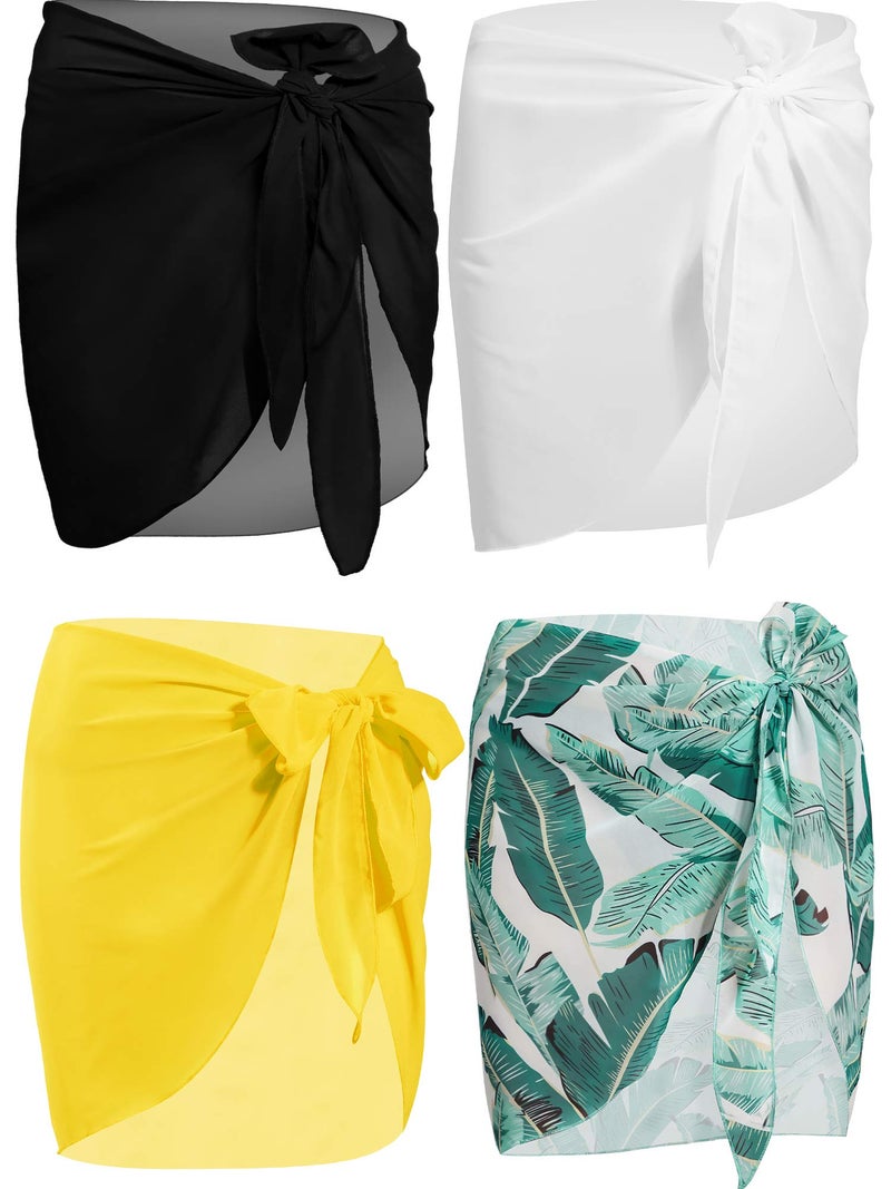Chuangdi 4 Pcs Sarongs Coverups for Women Swimsuit Wrap Skirt Beach Bikini Bottom Cover up Short Skirt Chiffon Cover Ups for Swimwear(Black, White, Yellow, Green Plantain Leaf) - Image 1