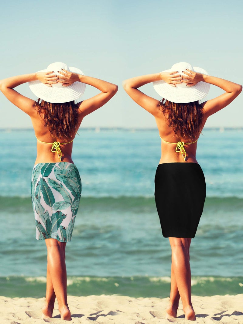 Chuangdi 4 Pcs Sarongs Coverups for Women Swimsuit Wrap Skirt Beach Bikini Bottom Cover up Short Skirt Chiffon Cover Ups for Swimwear(Black, White, Yellow, Green Plantain Leaf) - Image 5