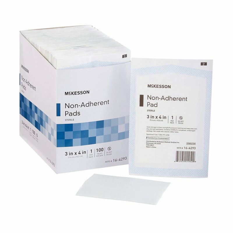McKesson Non-Adherent Pads for Wounds, 3x4 Inch, 100 Count, Sterile Non-Stick Wound Dressing, Highly Absorbent, Painless Removal, Individually Wrapped - Image 1
