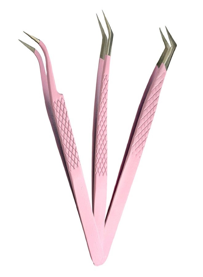 Luwigs ملاقط تمديد الرموش لويغز 3 قطع ملاقط من الفولاذ المقاوم للصدأ برأس ألياف لملاقط تمديد الرموش عالية الدقة مجموعة ملاقط احترافية ملاقط رموش فوليوم (وردي) - Image 1