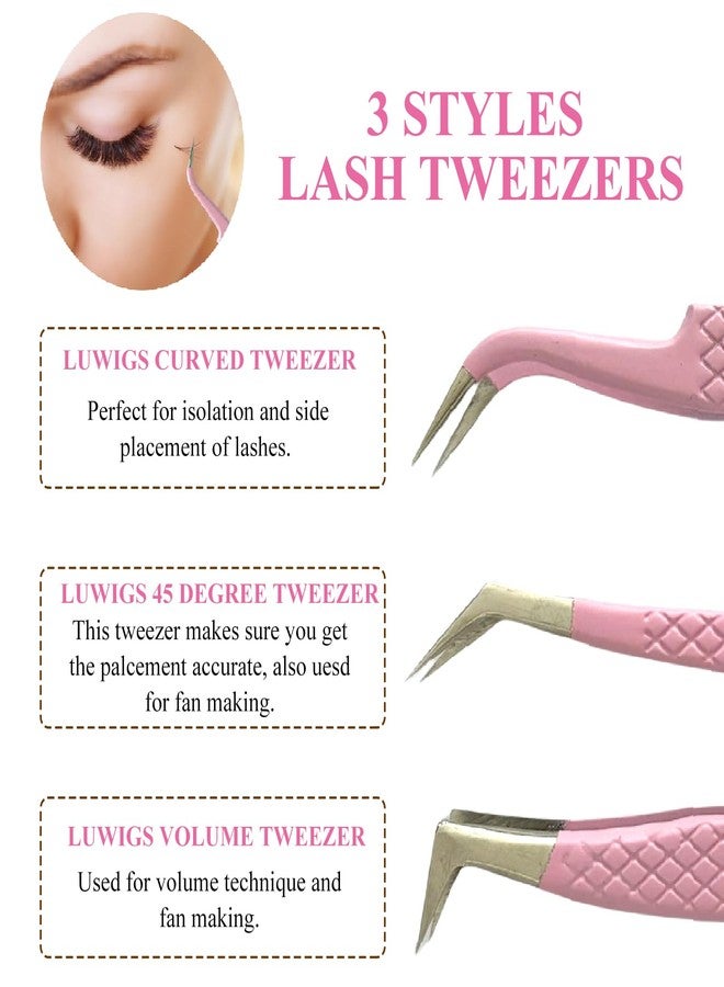 Luwigs ملاقط تمديد الرموش لويغز 3 قطع ملاقط من الفولاذ المقاوم للصدأ برأس ألياف لملاقط تمديد الرموش عالية الدقة مجموعة ملاقط احترافية ملاقط رموش فوليوم (وردي) - Image 3