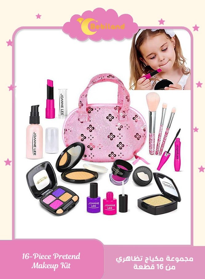 Bebiland 16-Piece Pretend Makeup Kit for Girls Beauty Basic Learning, Kids Makeup Set with Cosmetic Bag for Dress Up and Pretend Play - Image 1