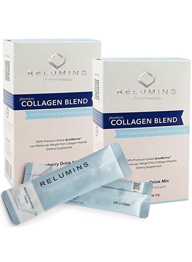 Relumins Marine Collagen Powder Drink Mix - Collagen Peptide with Glutathione, Green Tea, CoQ10, & Hyaluronic Acid Boosts Smooth Glowing Skin - 20 Powder Sachets x Blueberry Flavored + 2 Free Sachets - Image 1