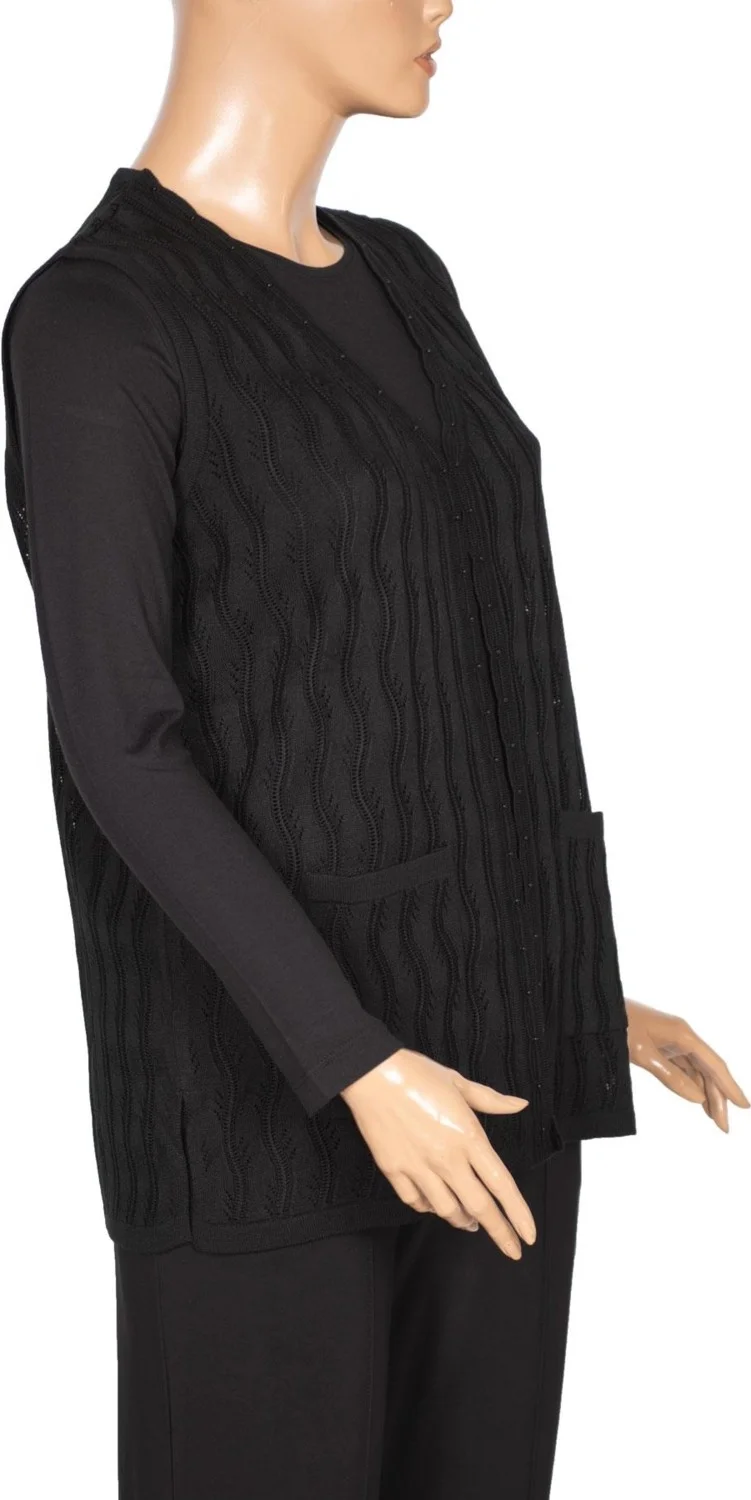 Hesna Women's Gizem Openwork Pocket Black Knit Vest