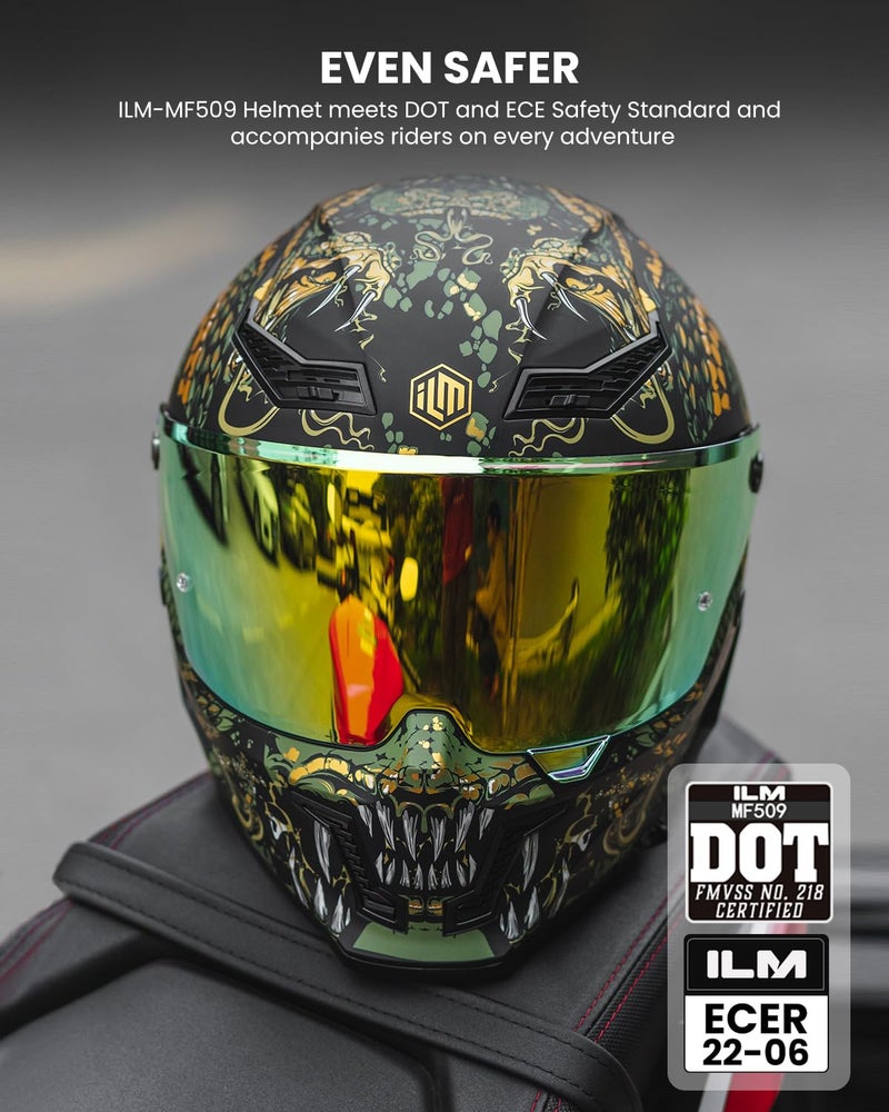 ILM Motorcycle Helmets for Adult Men Women Full Face DOT ECE Powersports Dual Visor Street Racing Helmet with Pinlock Cascos para Motos Model MF509 (Mythology Gold, M) - Image 2