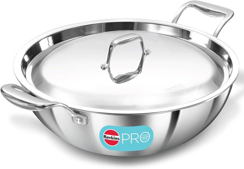 Hawkins Pro 6 Litre Deep-Fry Pan, Triply Stainless Steel Kadhai with Stainless Steel Handles and Stainless Steel Lid, Silver (PSK60S) - Image 1