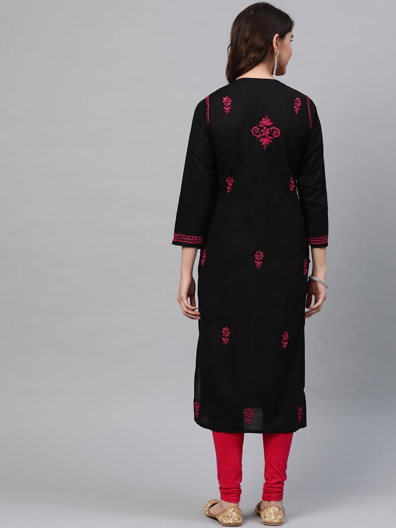 Ada Hand Embroidered Lucknow Chikankari Women's Pure Cotton Regular Fit Kurti Kurta A411543 (Jet Black, Small) - Image 2
