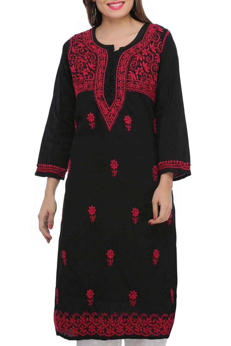 Ada Hand Embroidered Lucknow Chikankari Women's Pure Cotton Regular Fit Kurti Kurta A411543 (Jet Black, Small) - Image 1