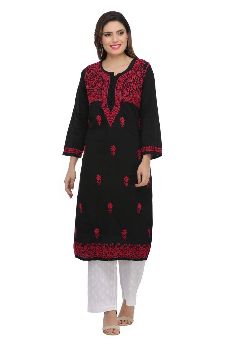 Ada Hand Embroidered Lucknow Chikankari Women's Pure Cotton Regular Fit Kurti Kurta A411543 (Jet Black, Small) - Image 4