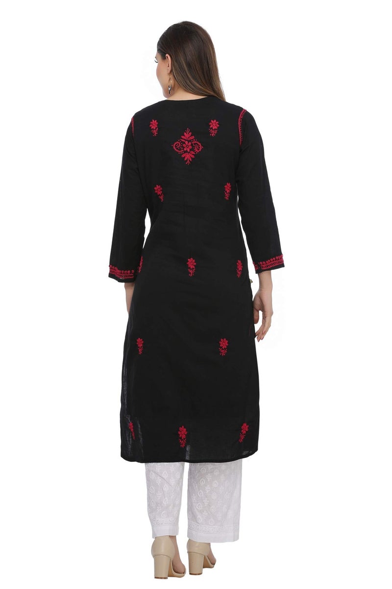Ada Hand Embroidered Lucknow Chikankari Women's Pure Cotton Regular Fit Kurti Kurta A411543 (Jet Black, Small) - Image 3