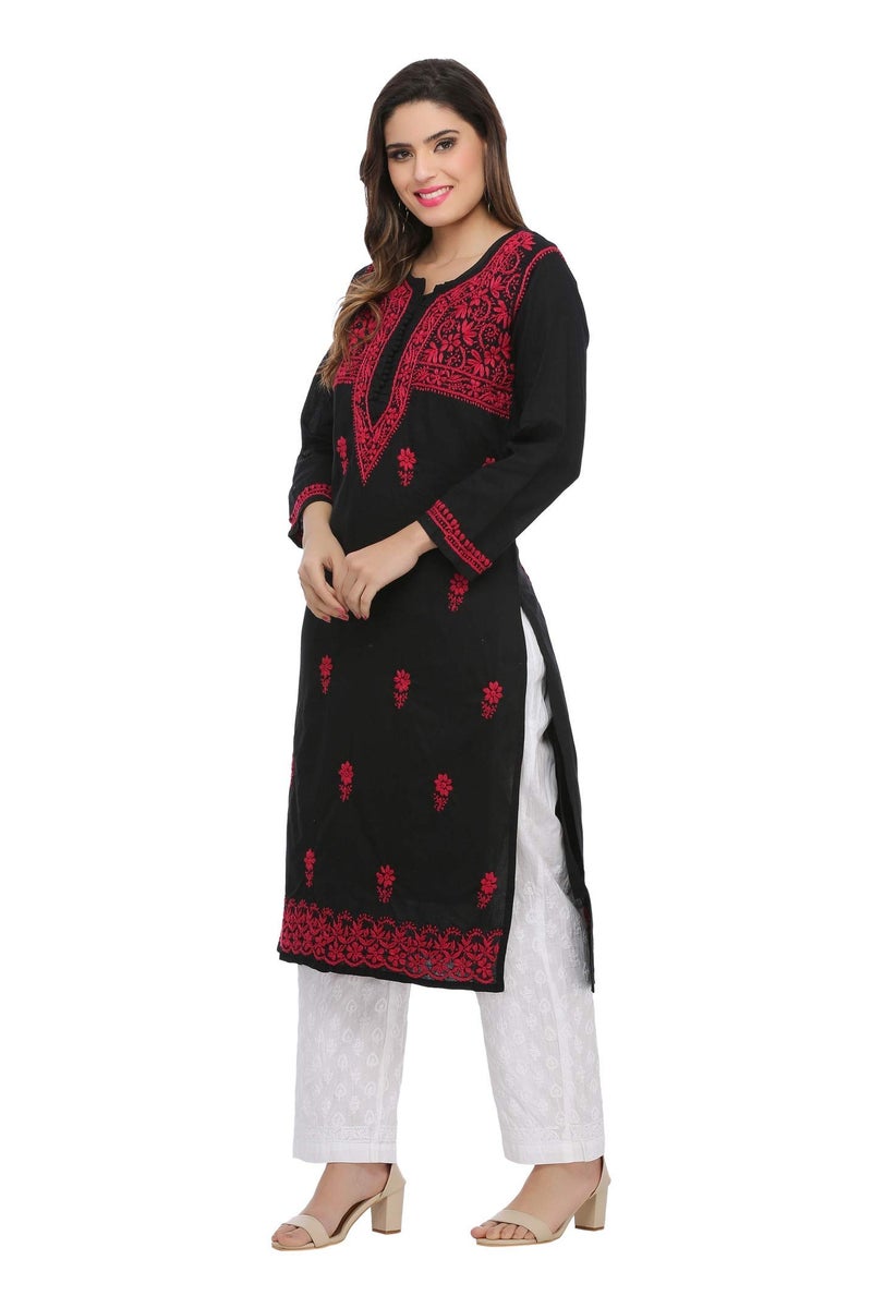 Ada Hand Embroidered Lucknow Chikankari Women's Pure Cotton Regular Fit Kurti Kurta A411543 (Jet Black, Small) - Image 5