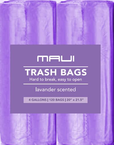Maui Small Trash Bags 120 count 4 Gallons Lavender Scented Strong Trash Bags for Office Bathrooms Bedroom Home and Kitchen Easily fit 4 Gallon Trash can Hard to Break Easy to Open 120