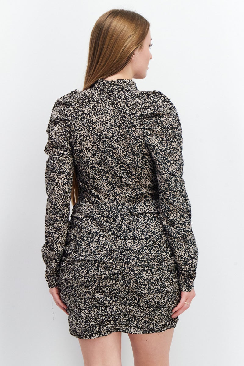 In the style Women Ruched Allover Print Bodycon Dress, Black - Image 2