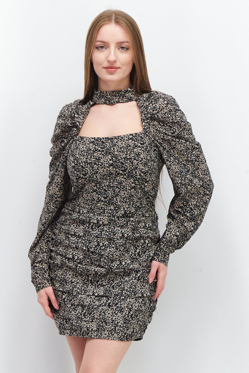 In the style Women Ruched Allover Print Bodycon Dress, Black - Image 1