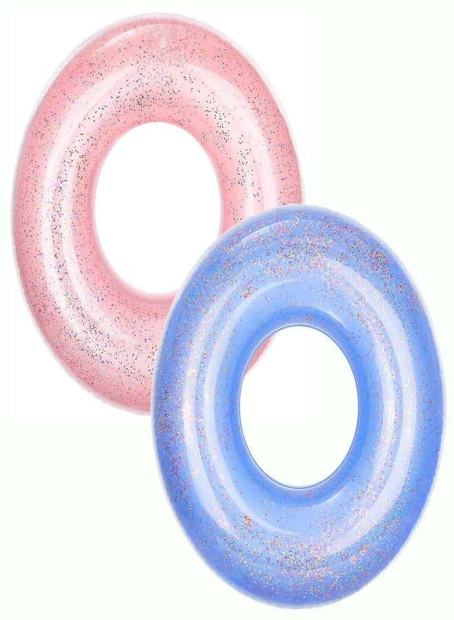 MoKo Swim Rings with Glitter, 90cm Diameter Inflatable Pool Float Swimming Pool Float Tube Round Shaped Swimming Tube Water Fun Beach Pool Toys for Summer Party for Kids Adults - Blue & Rose Gold - Image 1