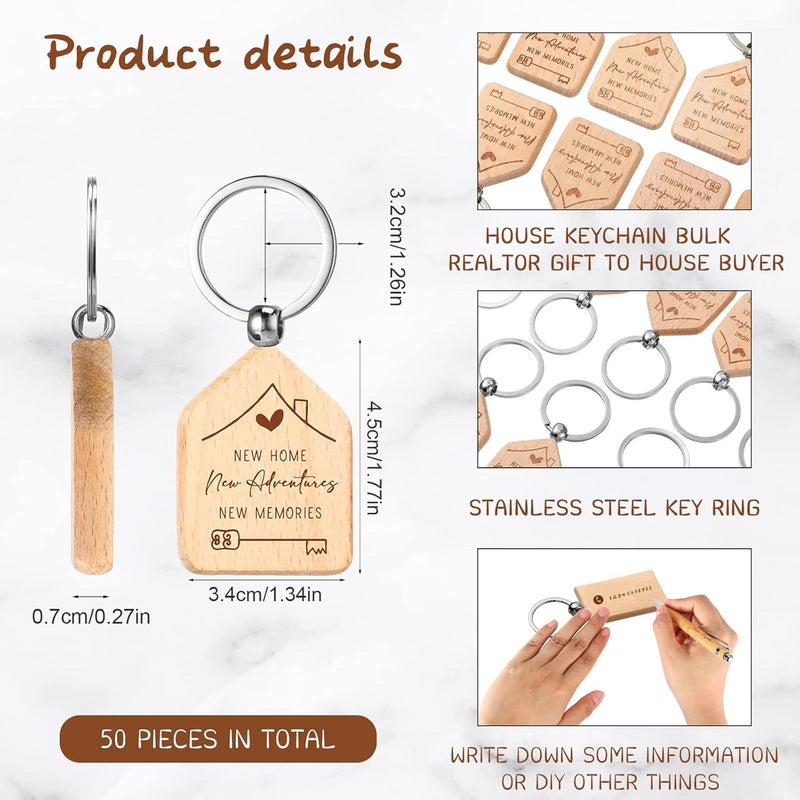 Roowest 50 Pcs New Home Keychain 2023 Bulk Welcome Home Keychain Gifts New Homeowner Engraved Wooden Key Tag Small House Shaped Keychains for Family Client Home Buyer Customer, As the Picture Shown, 3.4 x 4.5 - Image 2